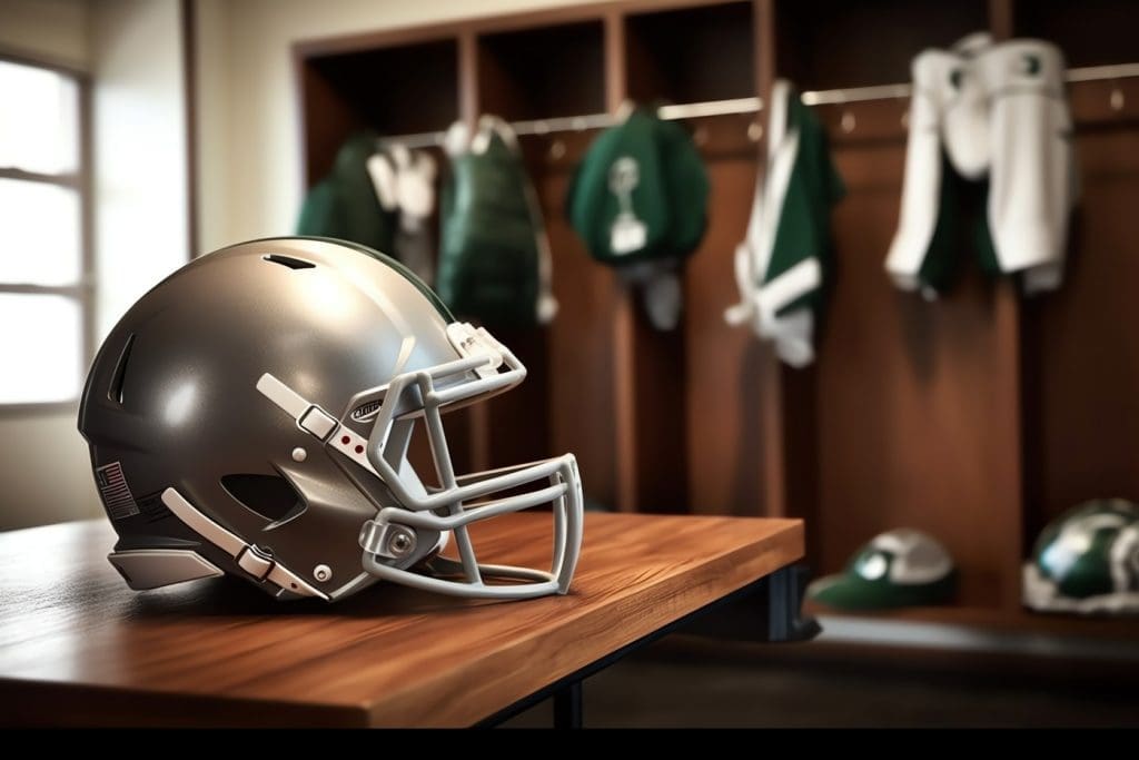 A football helmet resting on a wooden table, ready for the game.