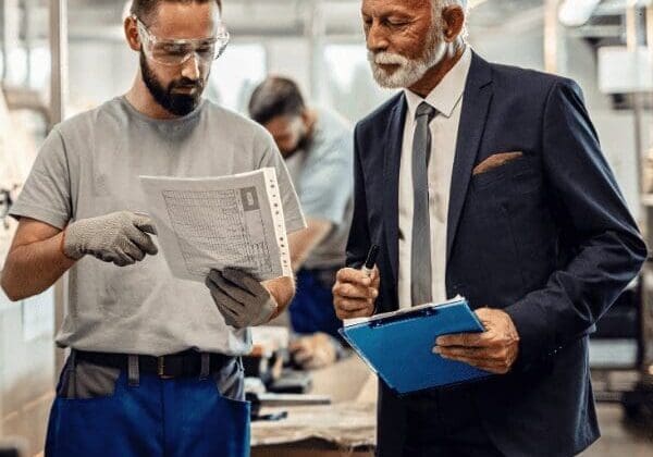 Mature company manager and worker going through reports in industrial facility