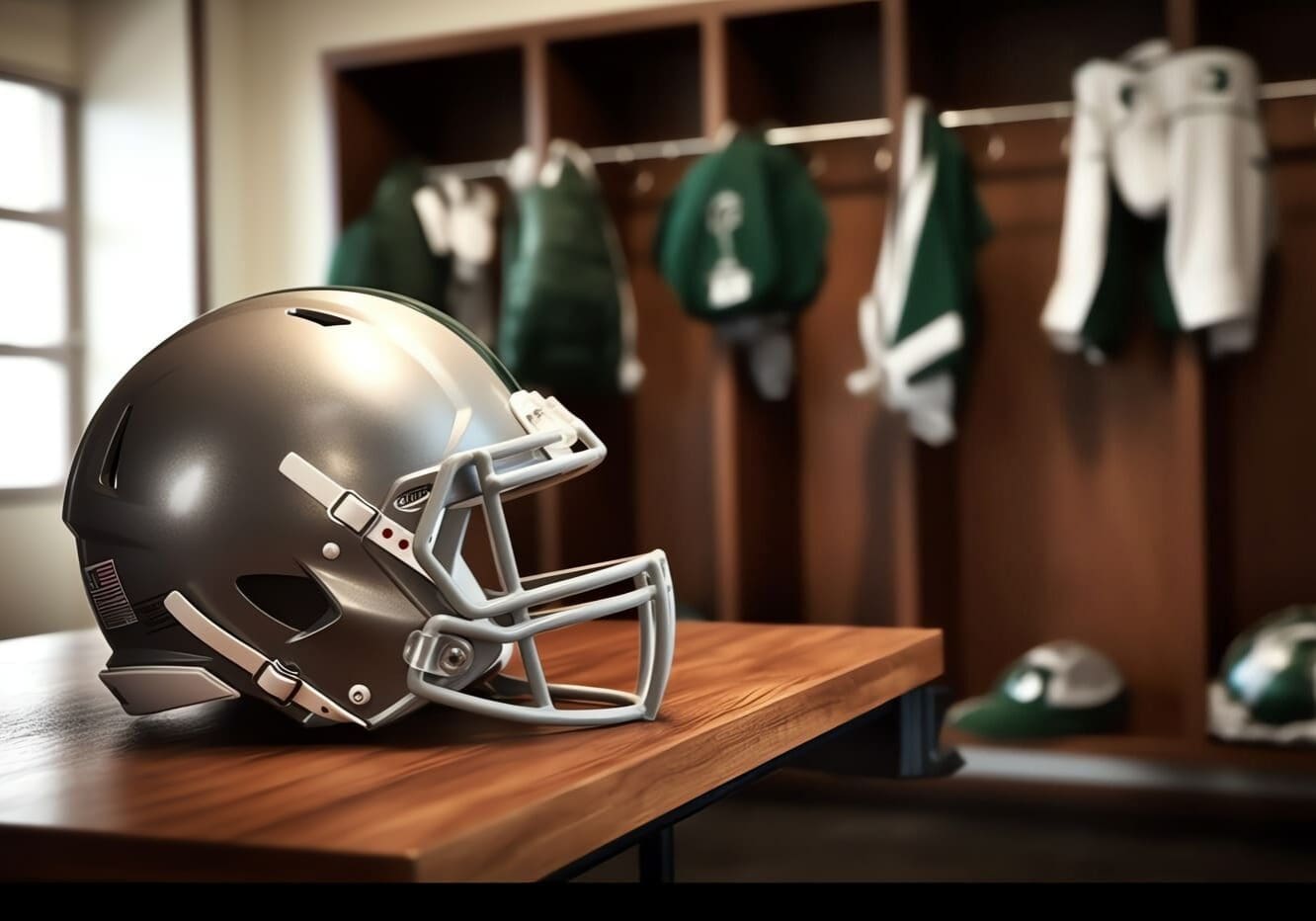 A football helmet resting on a wooden table, ready for the game.