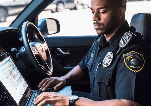 Police officer using a laptop in his car