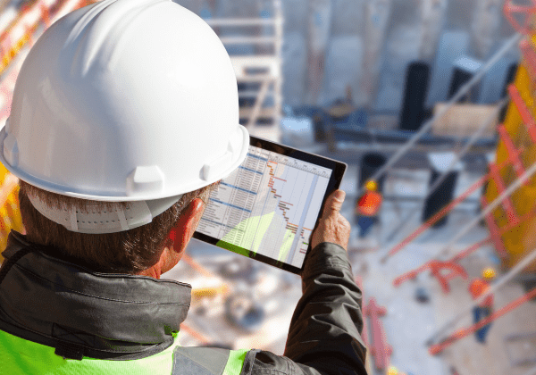 Civil engineer or architect on construction site checking tablet